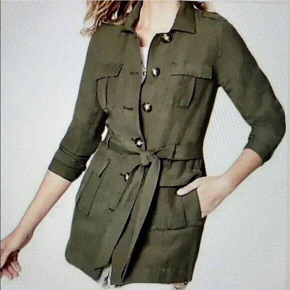 J.Jill Caraway Linen Blend Olive Pockets Utility Cargo Safari Jacket Size LP - Picture 2 of 16